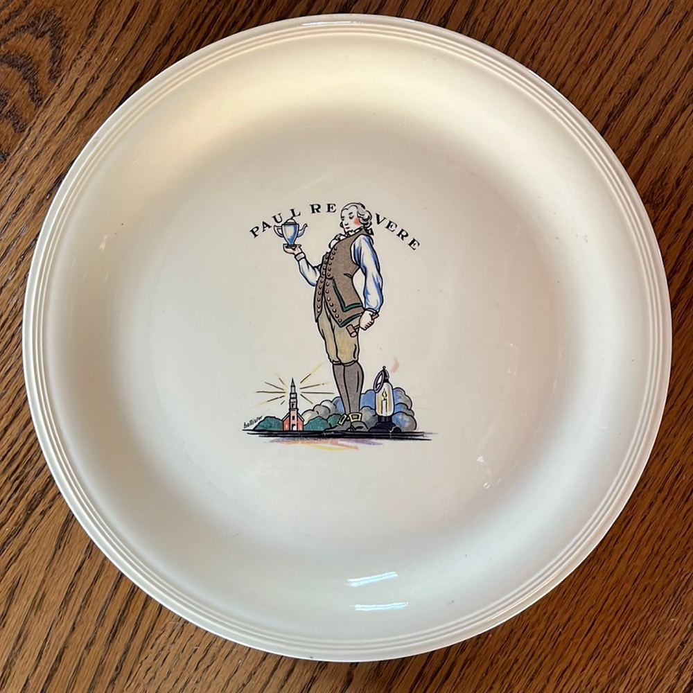 Vintage Paul Revere plate Edward M Knowles platter number 38–8 features, teapot